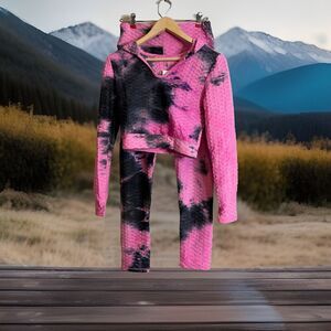 Lydaa Women’s Tie Dye Honeycomb Hoodie And Ruched Legging Set Sz L/XL Pink Black